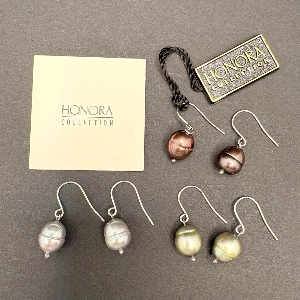 Honora‎ Set of 3 Multi Color Freshwater Pearl Earrings 925 Sterling w/ Box Pouch